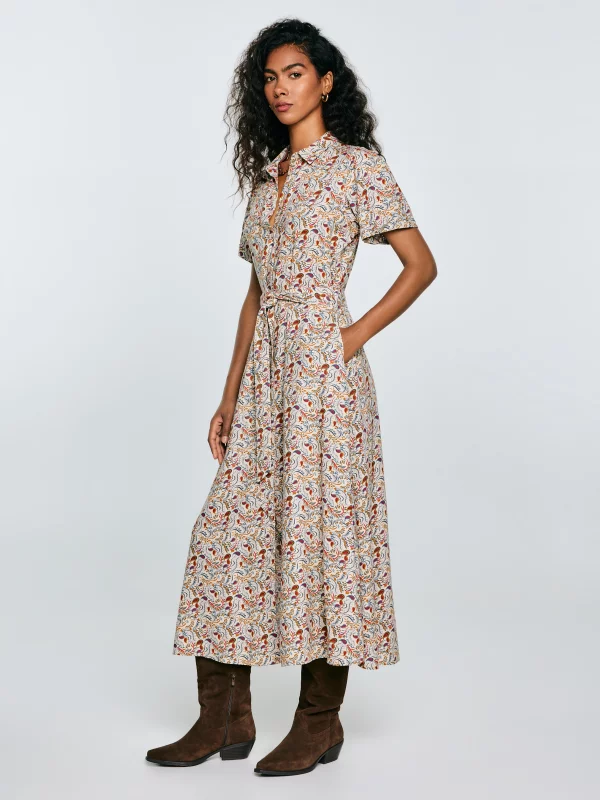 Sukienka damska midi z wiskozy z nadrukiem kremowa Nahai 103