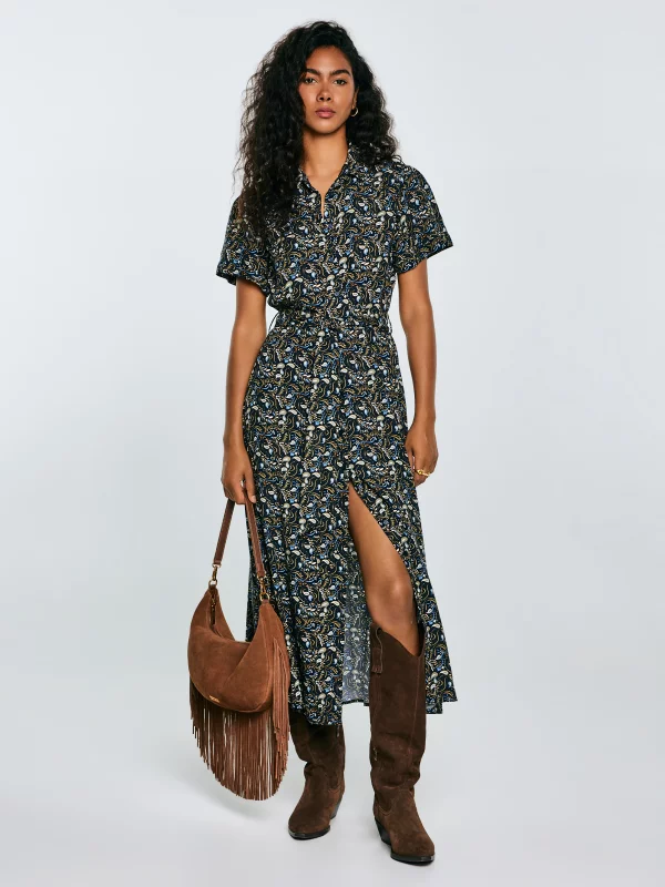 Sukienka damska midi z wiskozy z nadrukiem granatowa Nahai 403