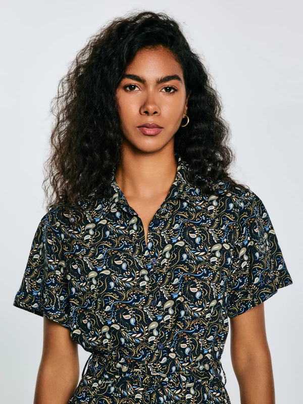 Sukienka damska midi z wiskozy z nadrukiem granatowa Nahai 403