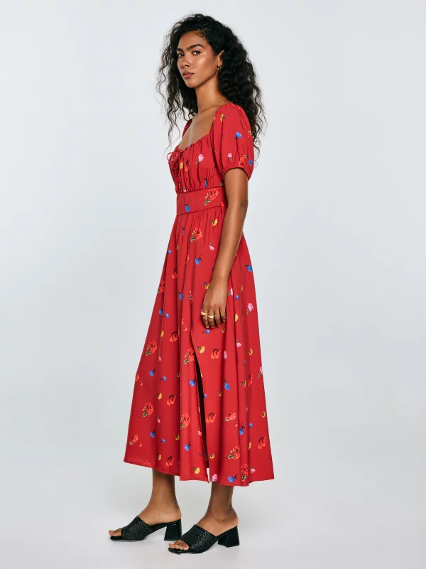 Sukienka damska midi z motywem kwiatowym czerwona Roksi 603