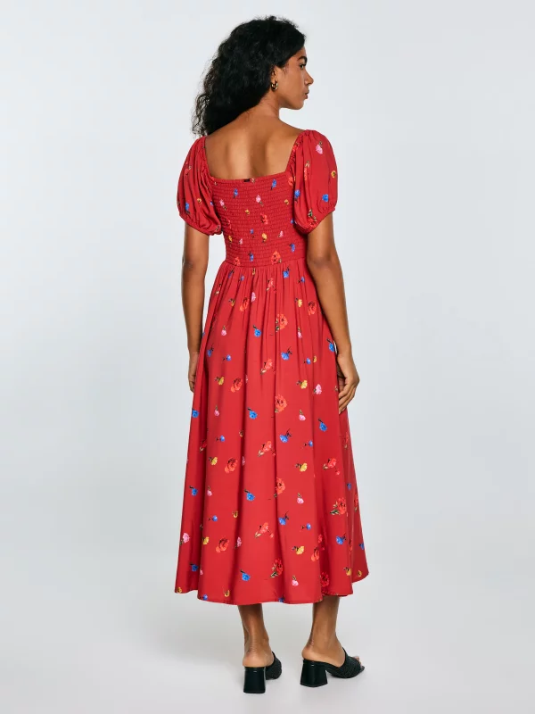 Sukienka damska midi z motywem kwiatowym czerwona Roksi 603