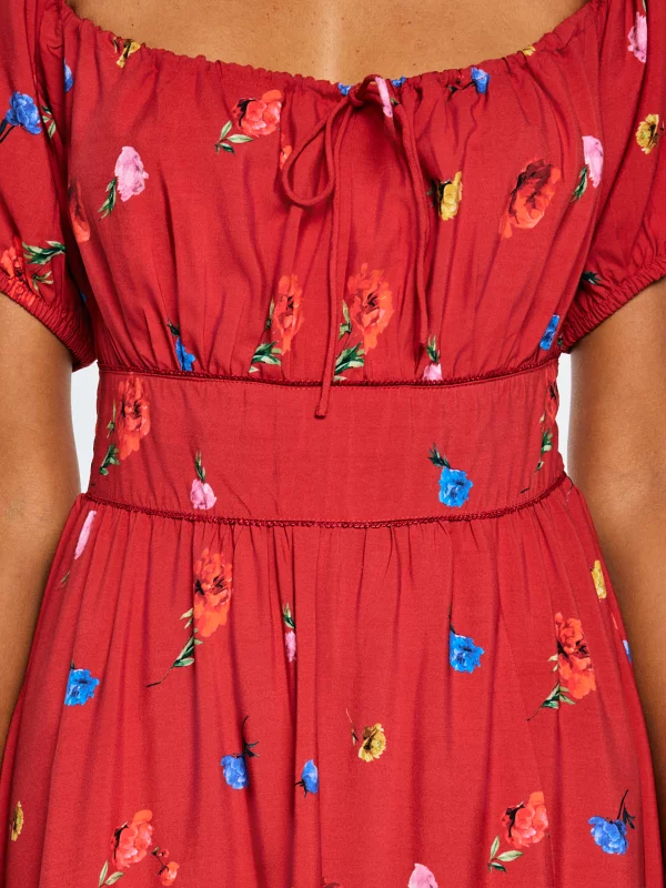 Sukienka damska midi z motywem kwiatowym czerwona Roksi 603