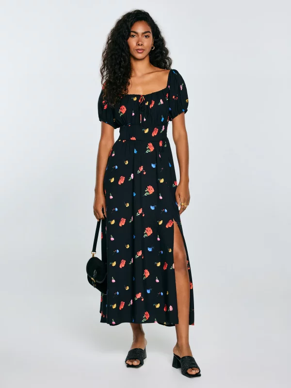 Sukienka damska midi z motywem kwiatowym czarna Roksi 906