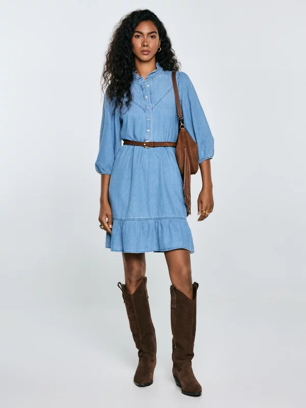 Sukienka damska mini jeansowa z dodatkiem lnu niebieska Rosalie 280