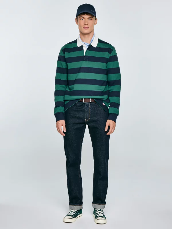 Koszulka męska polo z długim rękawem w pasy granatowo-zielona Miker 403