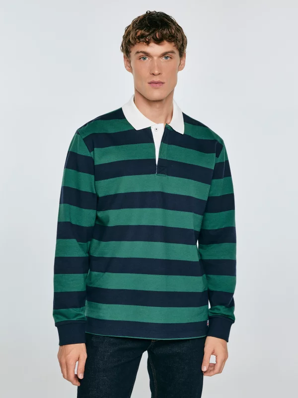 Koszulka męska polo z długim rękawem w pasy granatowo-zielona Miker 403