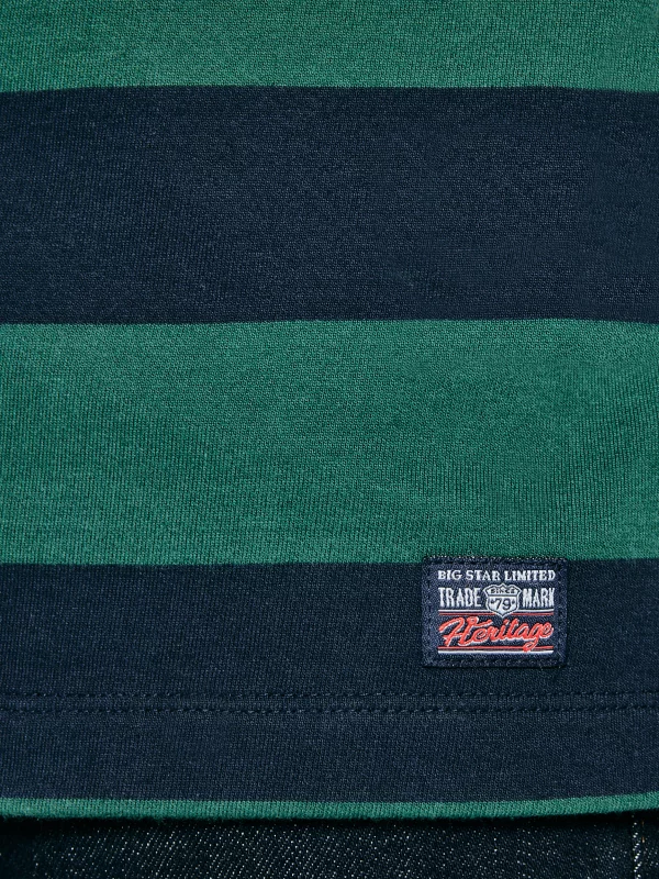 Koszulka męska polo z długim rękawem w pasy granatowo-zielona Miker 403