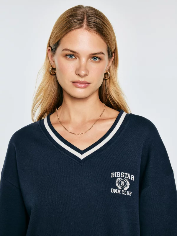 Bluza damska w stylu college z haftem z dekoltem v-neck granatowa Gabriella 403