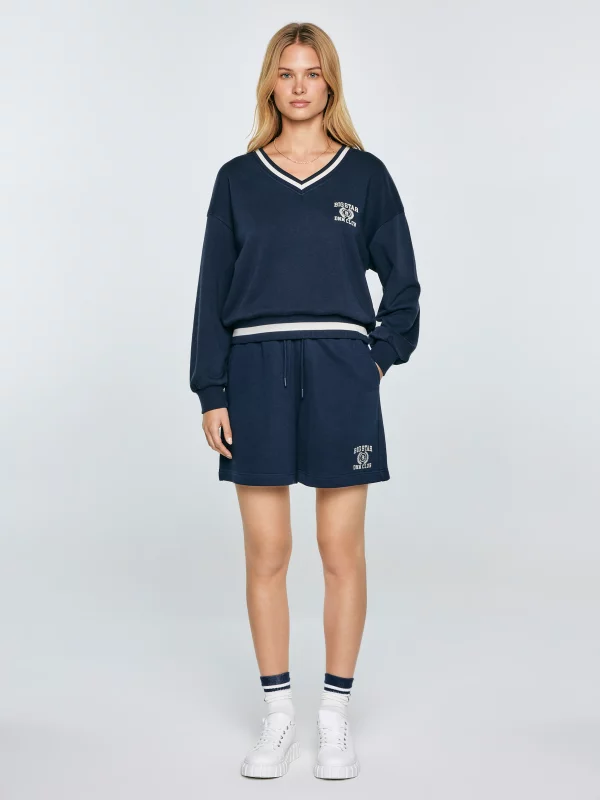 Bluza damska w stylu college z haftem z dekoltem v-neck granatowa Gabriella 403