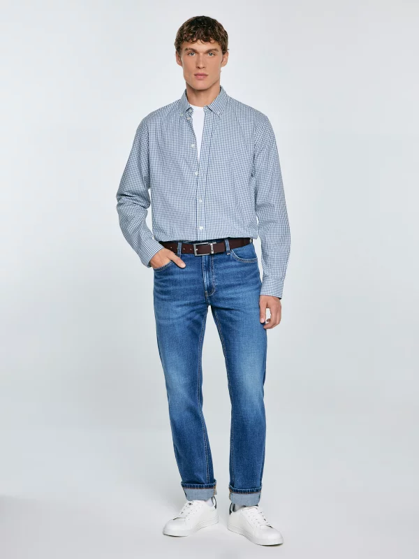 Koszula męska bawełniana w drobną kratę błękitna Gibbsoner 401