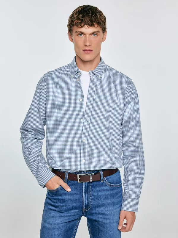 Koszula męska bawełniana w drobną kratę błękitna Gibbsoner 401