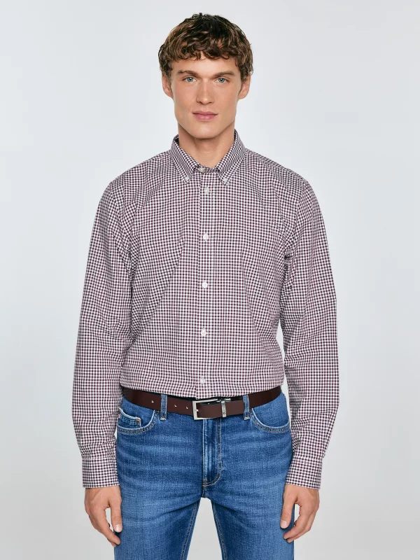 Koszula męska bawełniana w drobną kratę bordowa Gibbsoner 604