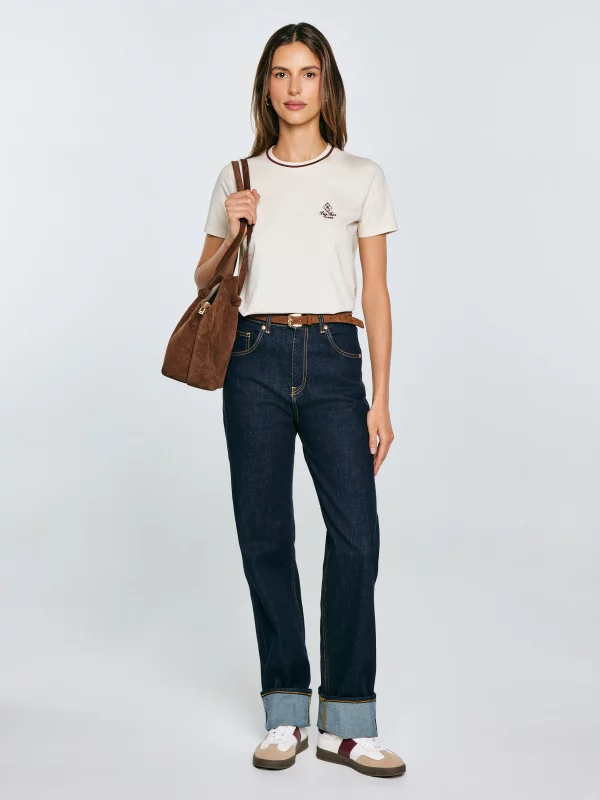 Koszulka damska z haftem na piersi kremowa Lemorse 103