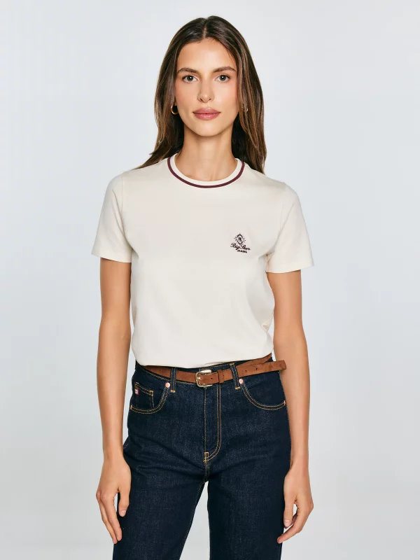 Koszulka damska z haftem na piersi kremowa Lemorse 103