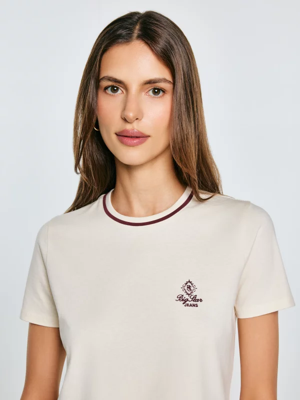 Koszulka damska z haftem na piersi kremowa Lemorse 103