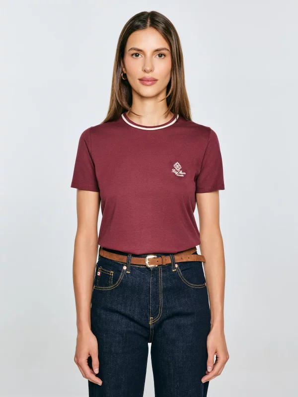 Koszulka damska z haftem na piersi bordowa Lemorse 604