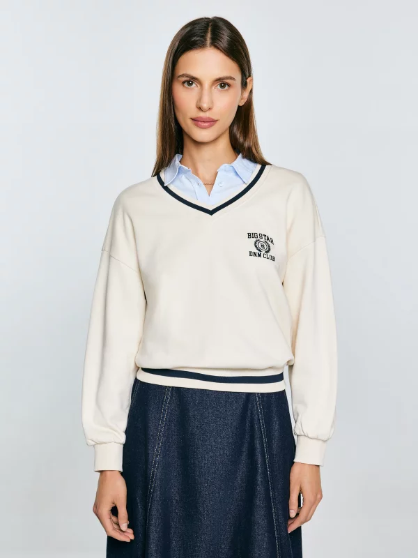 Bluza damska w stylu college z haftem z dekoltem v-neck kremowa Gabriella 103