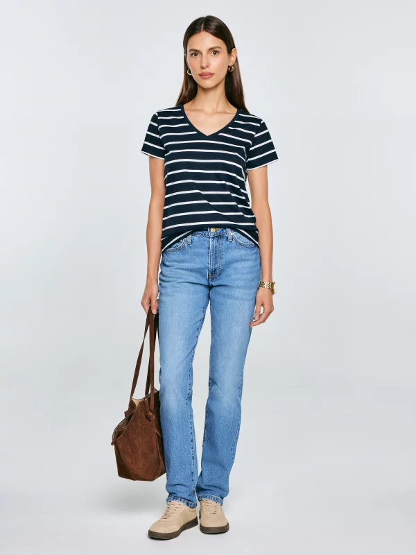 Koszulka damska z dekoltem v-neck w paski granatowa Retina 403