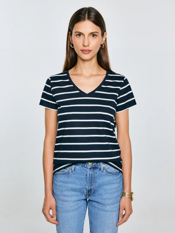Koszulka damska z dekoltem v-neck w paski granatowa Retina 403