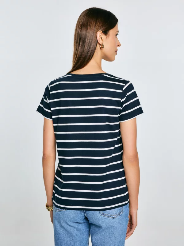 Koszulka damska z dekoltem v-neck w paski granatowa Retina 403