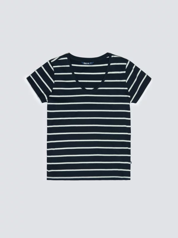 Koszulka damska z dekoltem v-neck w paski granatowa Retina 403