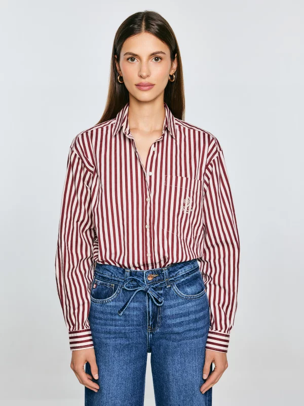 Koszula damska oversize w paski bordowo-kremowe Tina 604