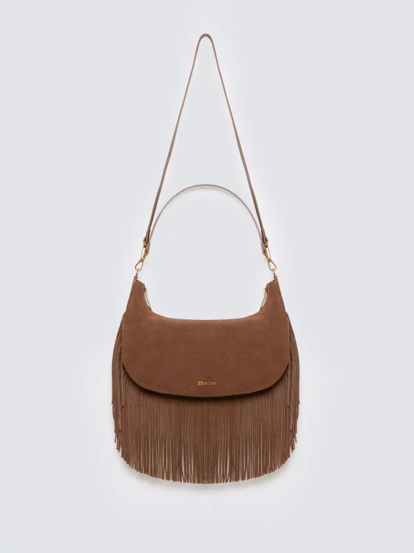 Torebka damska skórzana z frędzlami brązowa Arvia 803