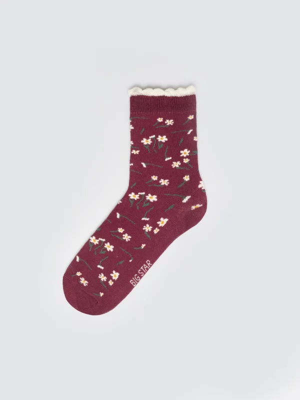 Skarpety dziewczęce w kwiatki bordowe Lula 604