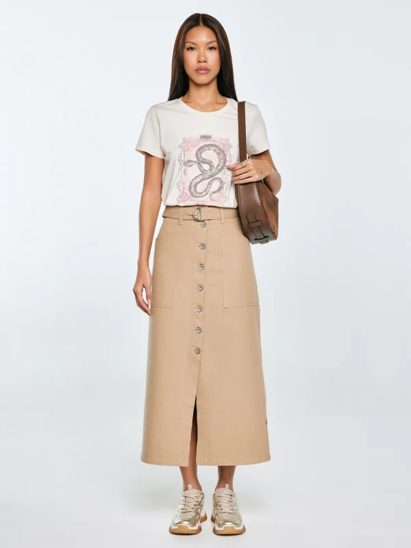 Spódnica damska midi z dodatkiem lnu z ozdobnymi guzikami beżowa Anesa 805