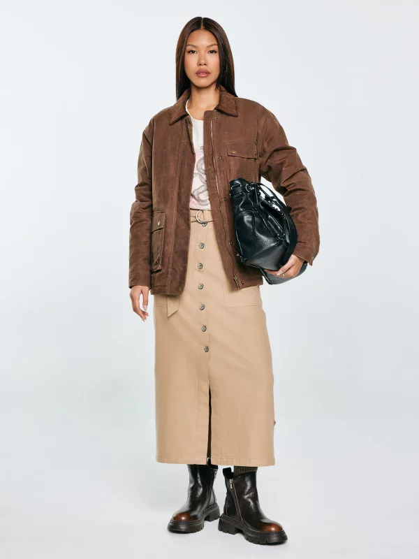 Spódnica damska midi z dodatkiem lnu z ozdobnymi guzikami beżowa Anesa 805