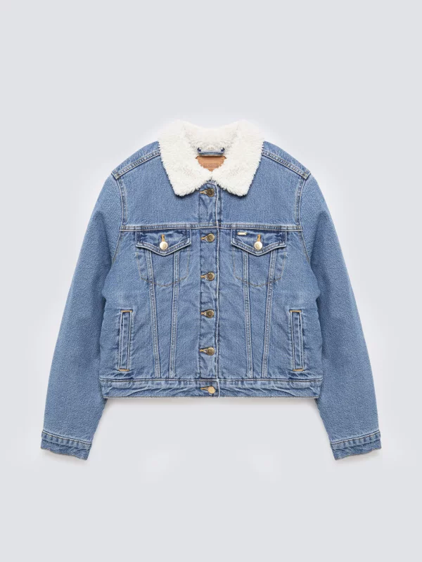 Kurtka damska jeansowa z kożuszkiem niebieska Aspen 485