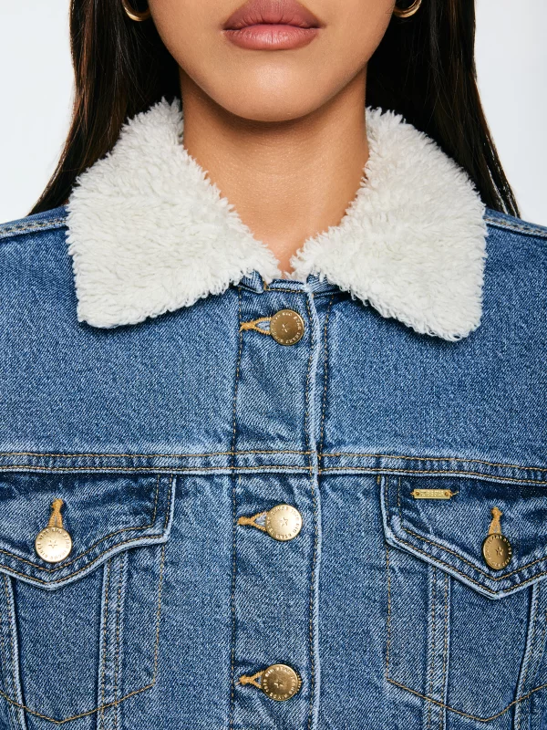 Kurtka damska jeansowa z kożuszkiem niebieska Aspen 485