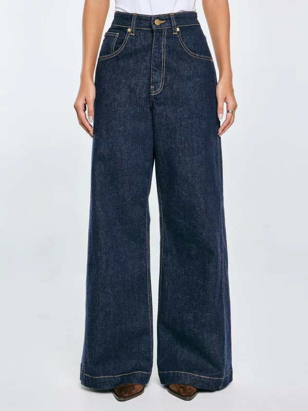 Jeansy damskie z szeroką nogawką granatowe Barb 657