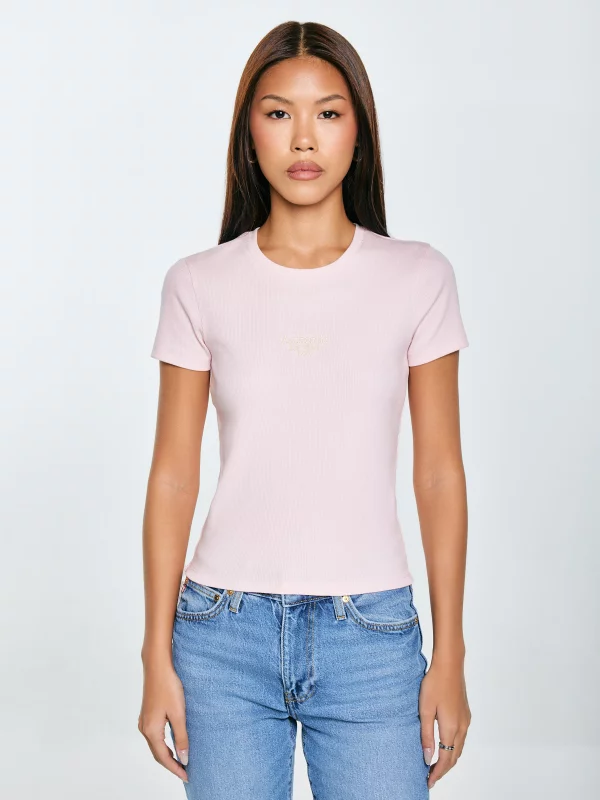 Koszulka damska slim w prążek z haftem różowa Clarsa 600