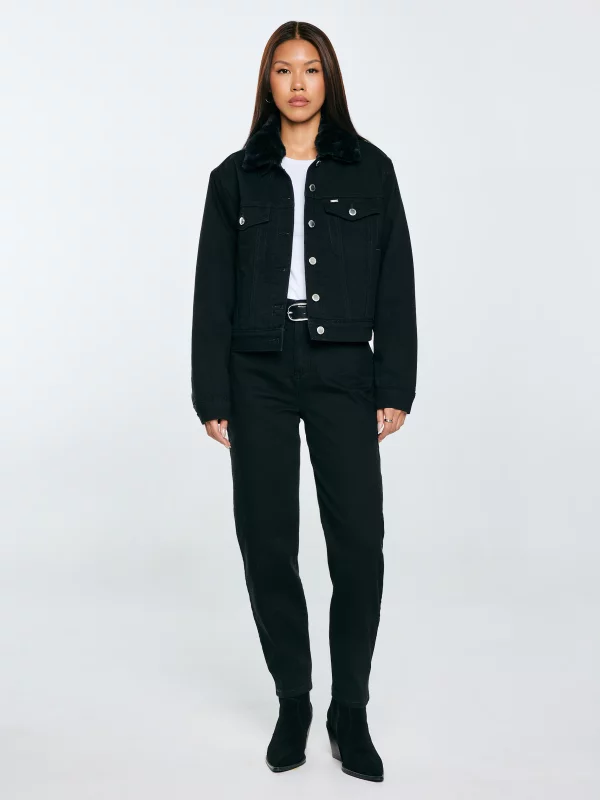 Kurtka damska jeansowa z futerkowym kołnierzem czarna Ramona 936