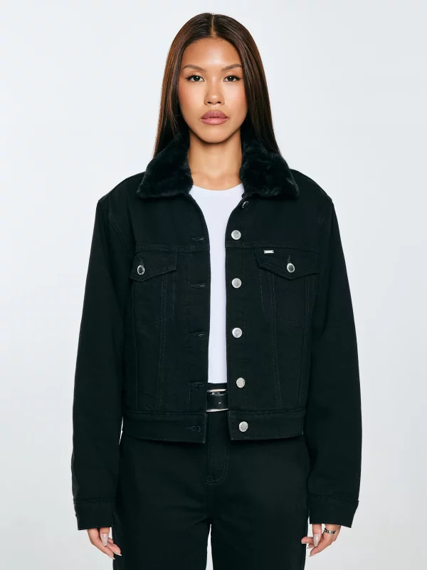 Kurtka damska jeansowa z futerkowym kołnierzem czarna Ramona 936