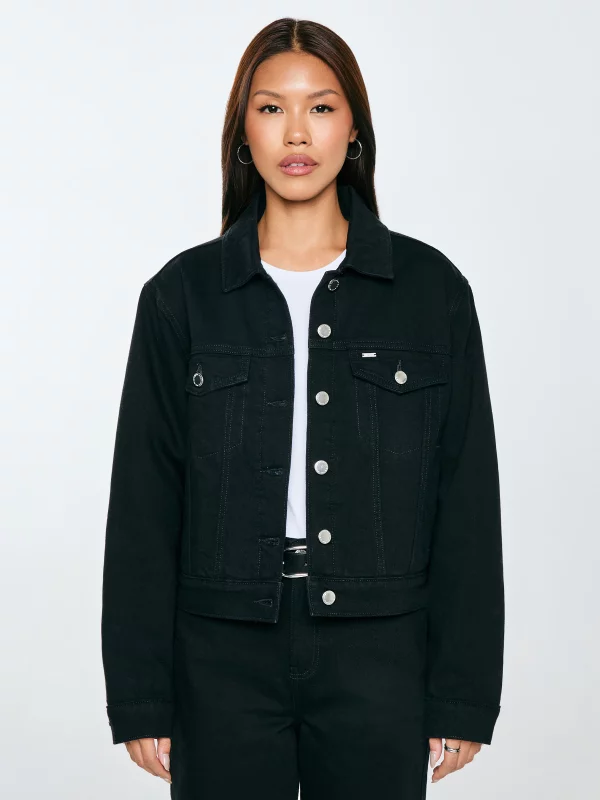 Kurtka damska jeansowa z futerkowym kołnierzem czarna Ramona 936