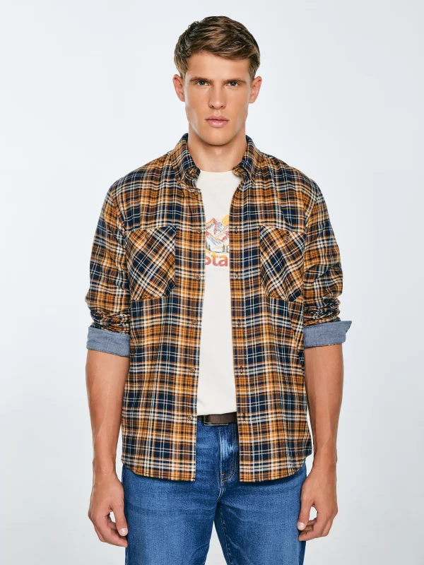 Koszula męska flanelowa w kratę granatowo-pomarańczowa Kolisar 403