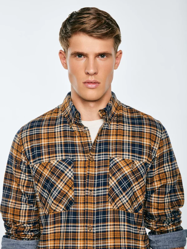 Koszula męska flanelowa w kratę granatowo-pomarańczowa Kolisar 403