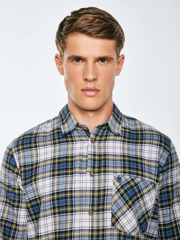 Koszula męska flanelowa w kratę niebiesko-beżowa Koner 401