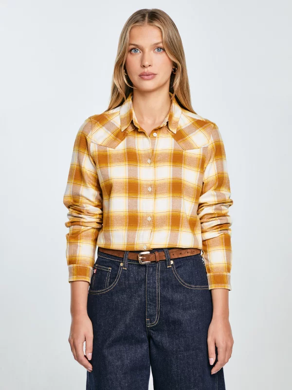 Koszula damska flanelowa w kratę żółto-brązowa Dreni 201
