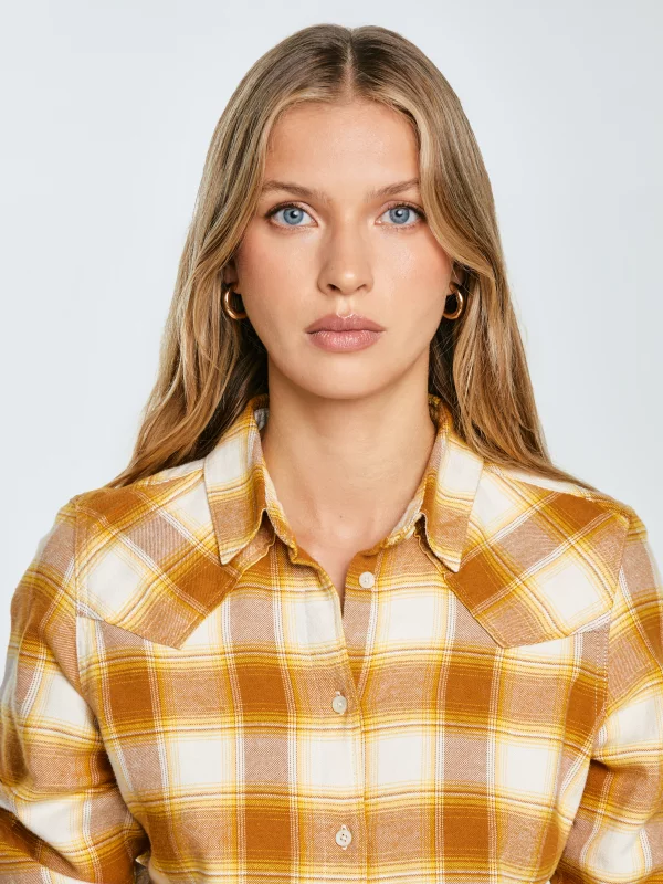 Koszula damska flanelowa w kratę żółto-brązowa Dreni 201