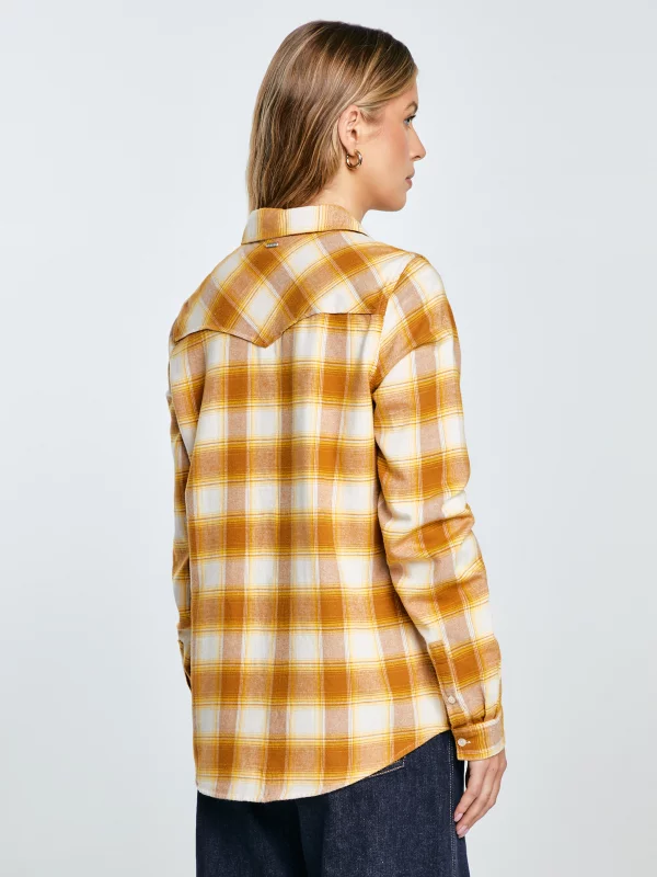 Koszula damska flanelowa w kratę żółto-brązowa Dreni 201