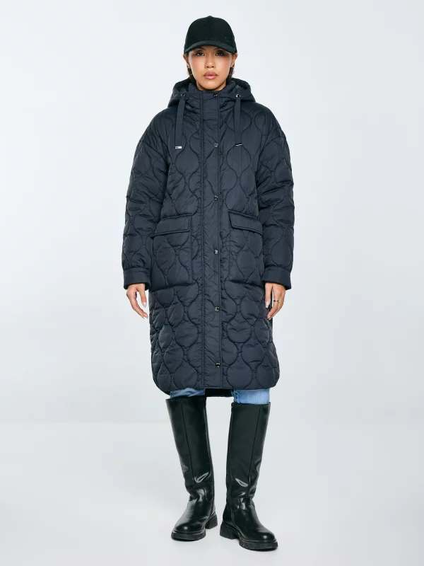 Płaszcz damski oversize z ozdobnym pikowaniem czarny Kinnetisa 906