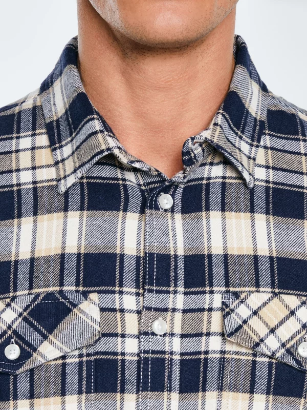 Koszula męska flanelowa w kratę beżowo-granatowa Kolisero 801