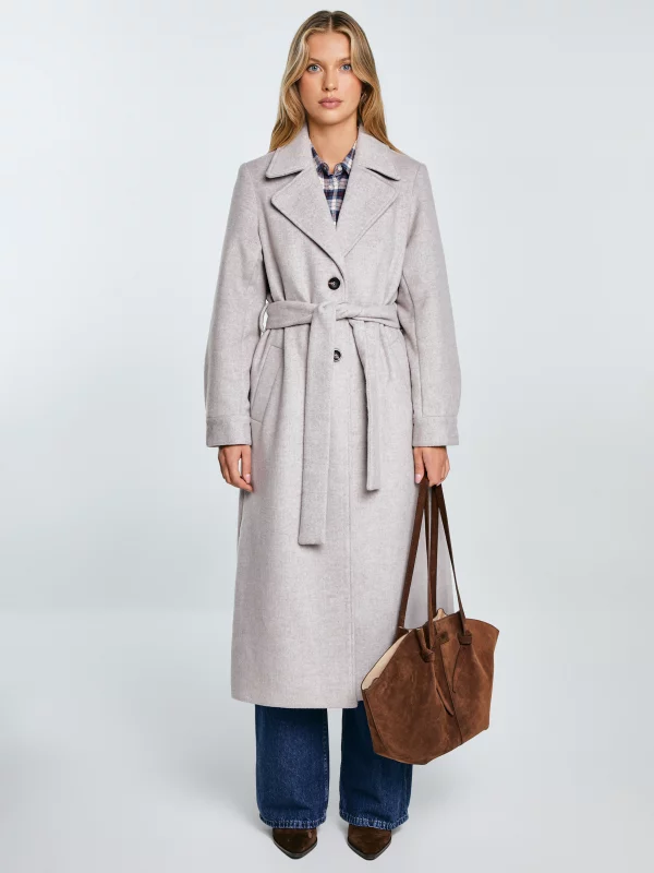 Płaszcz damski z wełną z paskiem beżowy Ksenia 801