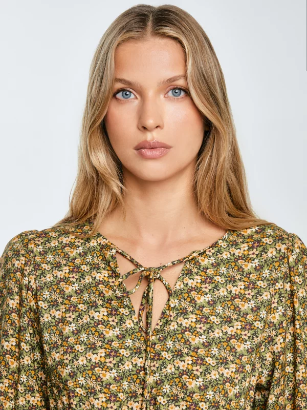 Sukienka damska midi z wiskozy z motywem kwiatowym żółta Londa 201