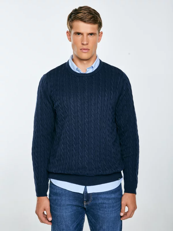 Sweter męski ze splotem warkoczowym granatowy Amaris 403