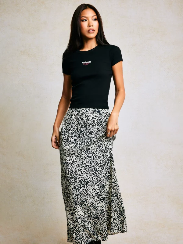 Spódnica damska midi z wiskozy z nadrukiem czarno-kremowa Arcelia 906
