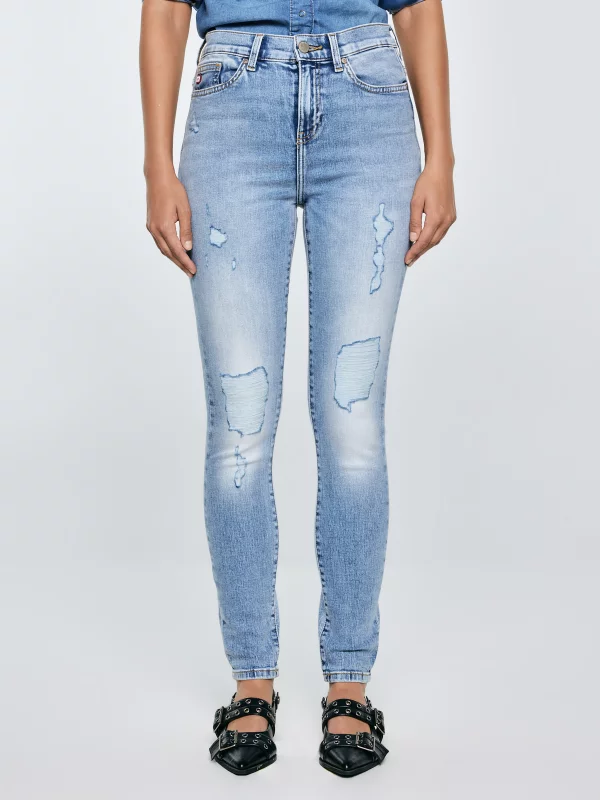 Jeansy damskie z wysokim stanem z przetarciami jasnoniebieskie Adela High Waist 156